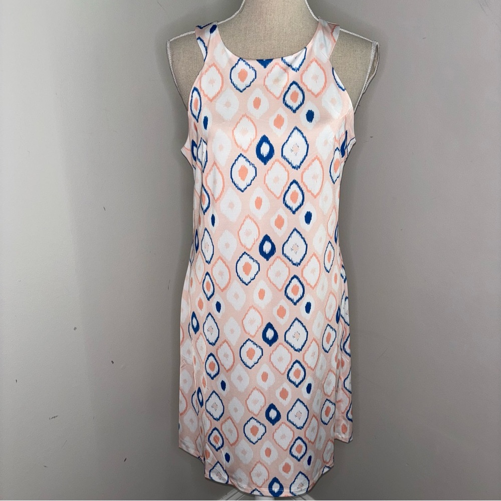 Jean Pierre Klifa NEW stretch jersey sleeveless peach & blue ikat dress Medium